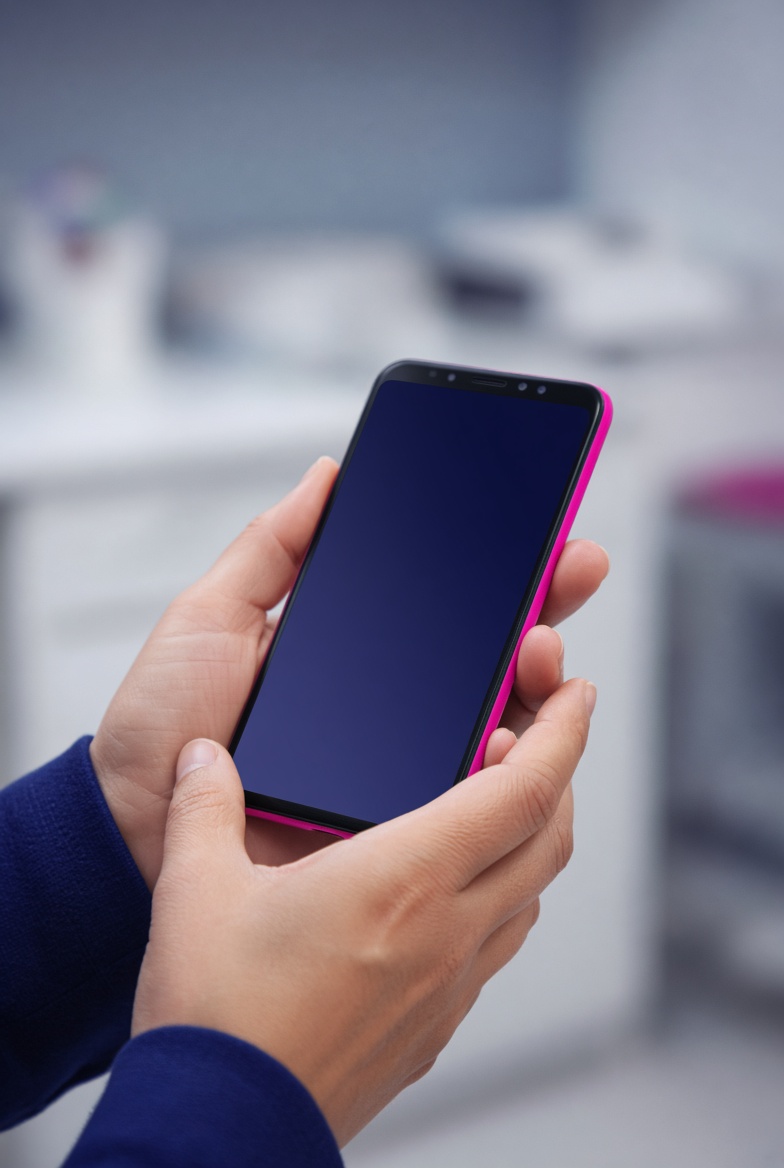 håller en mobiltelefon